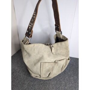 Tylie of Malibu Tan Suede Leather Hobo Handbag Crystal Wide Handle Medium